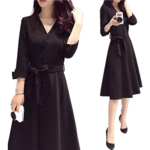 Spring Autumn Women Sexy V-neck Dress Mid Length V Neck Little Black Dress Three Quarter Sleeves Large Size Skirt