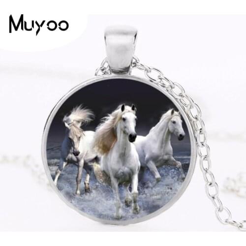 Clear White Unicorn picture glass cabochon necklace Horse Horse Necklace Round Vintage Horse Art glass dome pendant jewelry