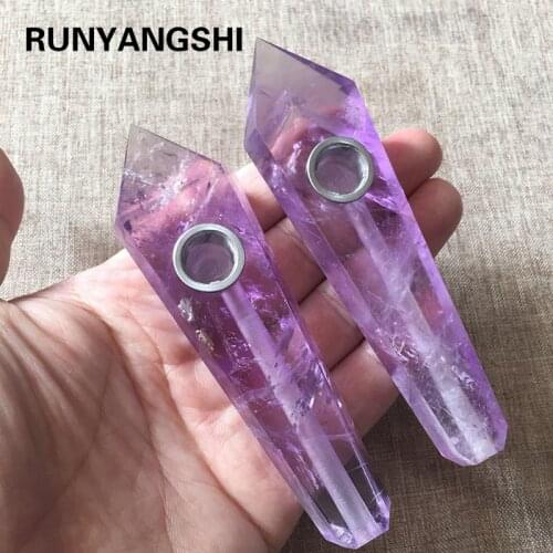 Runyangshi 1pc Natural Brazil Amethyst Crystal Smoking Pipe + strainer quartz stone healing wand