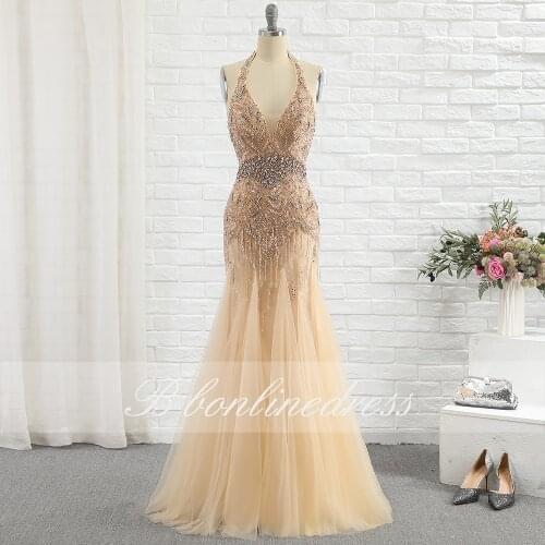 Sexy Gold Mermaid Evening Dress V Neck Hater Crystal Hand Beading Long Evening Dresses Formal Party Gowns vestido de festa