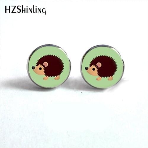 NES-00112 Hedgehog Stud Earrings Cute Hedgehog Ear Studs Mini Zoo Jewelry Animal Earring Post Glass Cabochon Earrings HZ4