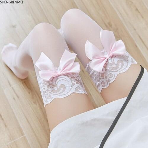 SHENGRENMEI Korea Stockings Soft Sister Women Cute Loli Pink Bow Lace Knee High Stockings Charming Thigh High Tube Silk Hosiery