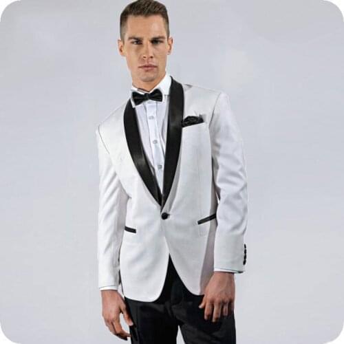 Slim Fit Groom Tuxedo Custom Made White Wedding Boy friend Suit Black Shawl Lapel Man Blazer Jacket Pants 2Piece Costume Homme