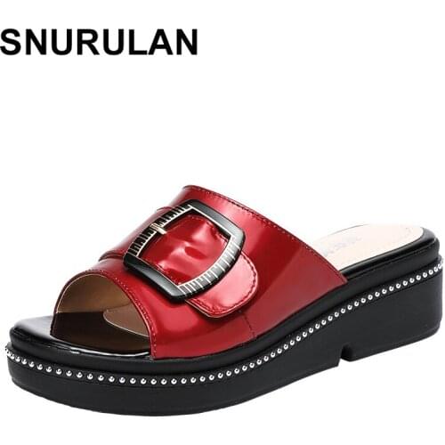 SNURULAN Open Toe Slippers Mid Heels Women Shoes 2020 Summer Leather Platform Wedges Slides Ladies Slippers Plus Size 33-43