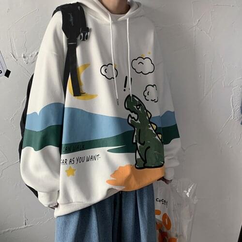 Men Cartoon Dinosaur Printed Hoodies Long Sleeve Fleece Sweatshirts Mens Winter Hip Pop Hooded oversized Pullovers Men