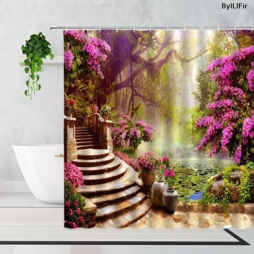 3D Fantasy Forest Flower Shower Curtain European Retro Pastoral Theme Home Decoration Background Bathroom Bath Curtain With Hook