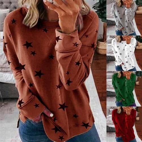 2021 NEW Spring Eight Sizes Women Star Printed Solid Color Round Collar Long Sleeve Loose Cool T-Shirt