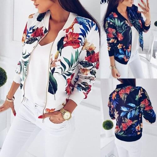 Fashion Casual Womens Ladies Retro Floral Zipper Up Bomber Jacket Coat Long Sleeve Outwear White Navy Blue