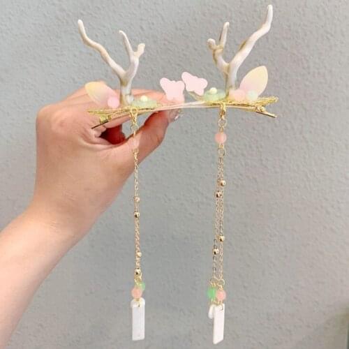 2Pcs Women Girls Christmas Hanfu Chinese Flower Headband Retro Tree Branch Deer Ears Antler Hair Clips Festival Party Props 2020