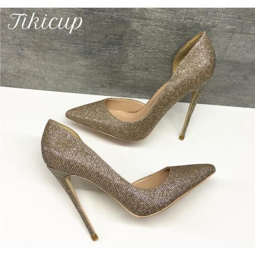 Tikicup Women Glitter D'Orsay Pointed Toe High Heels Fashion Stiletto Pumps Chic Ladies Wedding Shoes 10cm 12cm Plus Size 33-45