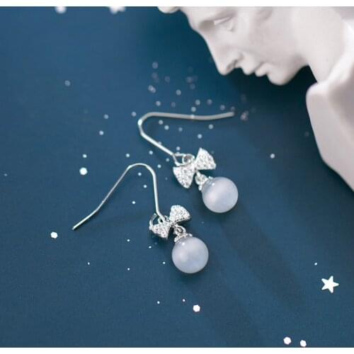 925 Sterling Silver Opal Round Bead Bowknot Stud Earrings For Women Girls Wedding Party Jewelry Pendientes eh045