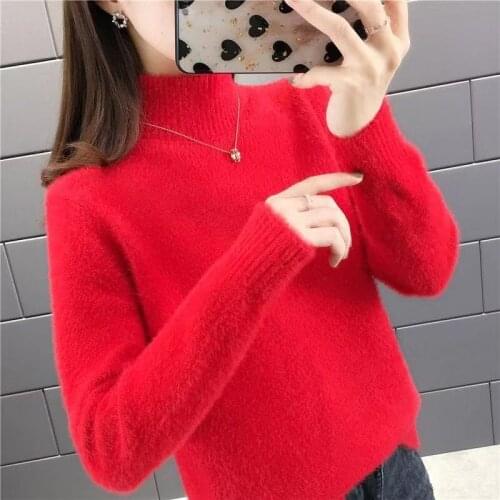 Women Sweaters And Pullovers 2020 New Color Matching Knitted Coat Autumn Spring Half Turtleneck Imitation Mink Velvet Jumper 174
