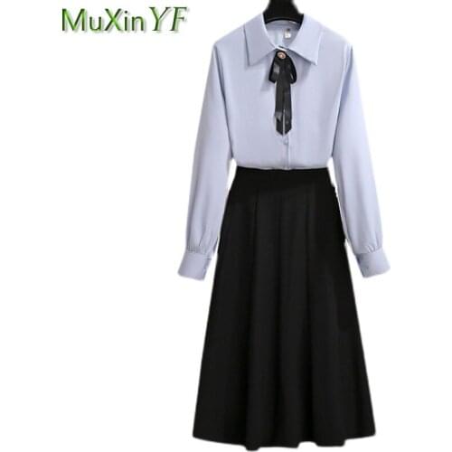 Office Lady Work Graceful Bow Shirt Black Skirts Set 2021 Spring Autumn Joker Womens Clothing Solid Full Sleeve Blouse Female
