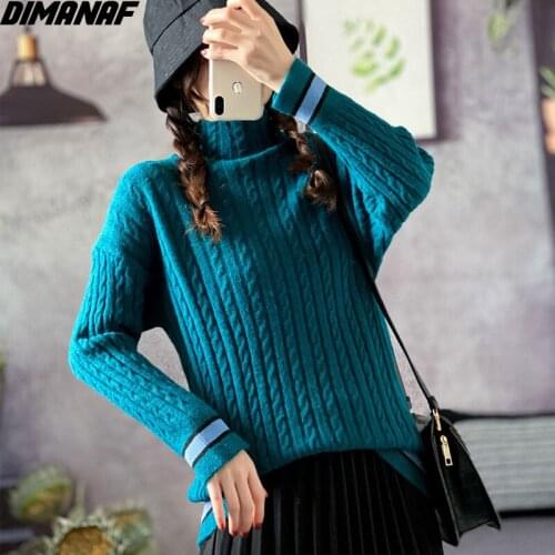 DIMANAF Plus Size Women Knitting Sweaters Turtleneck Patchwork Pullover Striped Fashion Casual Vintage Autumn Show Thin Sweater