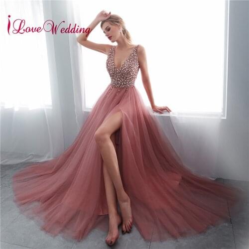 2020 Vestido de festa longo Sexy Long Evening Dresses Deep V Neck Backless Beads Crystal Party Gown Sleeveless Pink Evening
