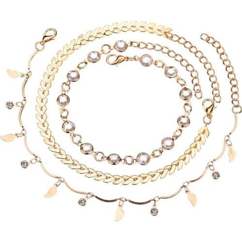 2020 New Fashion 3Pcs Women Leaf Arrow Rhinestone Charm Foot Chain Summer Beach Barefoot Ankle Bracelet Jewelry Gifts