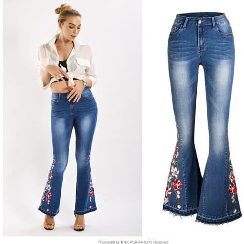 2020 Winter High Waist Jeans Mom Embroidery Boyfriend Jeans For Women Wide Leg Plus Size Bell Bottoms Denim Skinny Jeans Women
