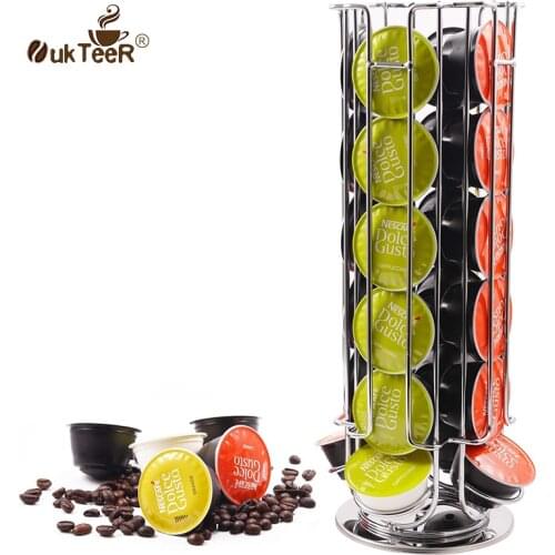 24Cups Rotatable Coffee Pod Holder Iron Chrome Plating Display Capsule Rack Stand Storage Shelves For Dolce Gusto Capsule