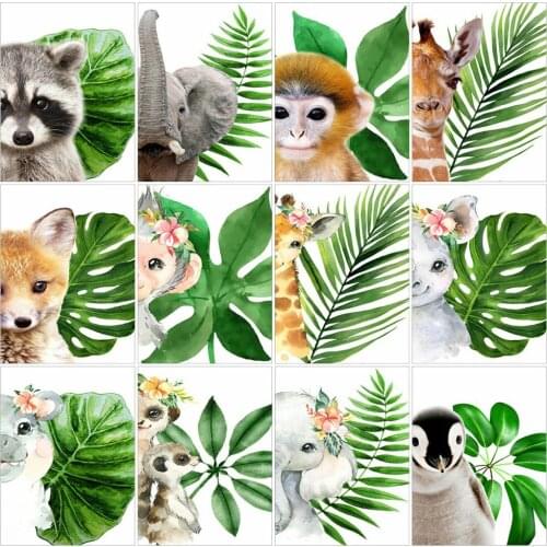 AZQSD Coloring By Numbers Elephant Leopard Tiger Giraffe Animal Hand Paint Kit Canvas Oil Painting By Numbers Leaf Home Decor