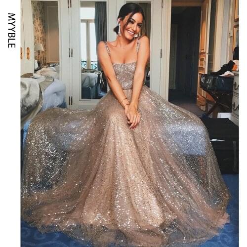 Glitter Sequin Rose Gold Prom Dresses 2020 Sexy Spaghetti Straps A-line Champagne Sequined Evening Formal Dress Long Party Gowns