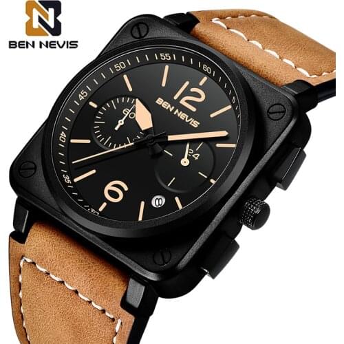 Relogio Masculino BEN NEVIS Watch Men Top Brand Chronograph Mens Watches Waterproof Leather Sport Square Quartz Watch For Men