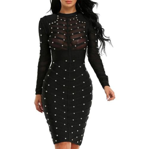 Black Beade Bodycon Bandage Dress Women Vestidos 2019 Summer Sexy Elegant Black Long Sleeves Midi Celebrity Runway Party Dresses