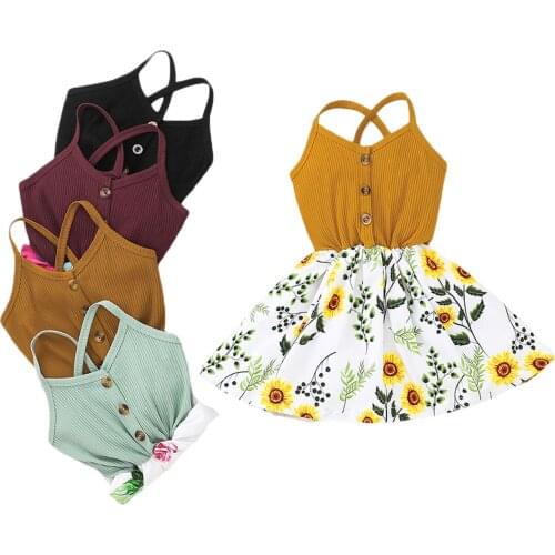 Kids Summer Slip Dress, Ribbed Stitching Floral Spaghetti Strap Sleeveless Buttons Braces Skirt for Girls, 18 Months to 6 Years