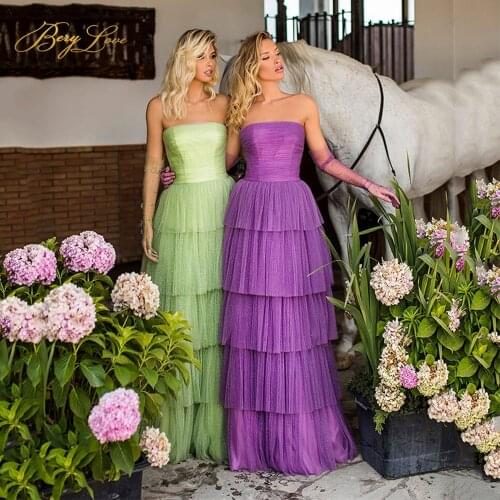 Tiered Long Prom Dress A Line Party Dress Party Gown Strapless Sweetheart Tiered Bodice Tulle Evening Dress Fairy Prom Dresses