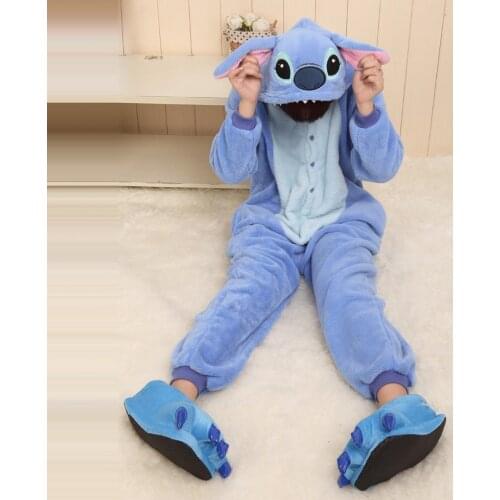 Unisex Adult Couples Cartoon Blue Stitch Onesies Sleepwear Pajamas Autumn Winter Full Sleeve Hooded Costume Pyjamas