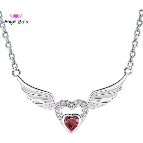 Heart Red Zircon Wings Pendant Necklaces for Women Adjustable Short Clavicle Chain Choker 925 Sterling Silver Jewelry
