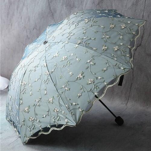 Embroidery Lace Umbrella Green Woman Double Layers Small 3 Fold Rain Sun Fashion Female Excellent Parasol Home Umbrella DF50UM