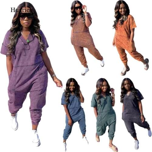 Summer New Style V-neck Short-sleeved Printed Denim Color Pocket One-piece Trousers Comfortable Womens Clothing