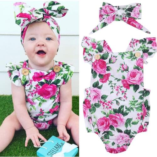 Newborn Baby Girls Summer Clothing Floral Ruffles Rompers Jumpsuit with Bow Headband 2Pcs Outfits 0-24Months