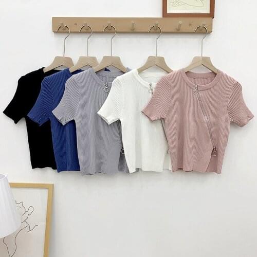 Summer Women O-Neck Irregular Zipper Striped Knitted Chic Shirt Lady Short Elastic Slim Waist Ruffles Blouse Sexy Crop Tube Tops