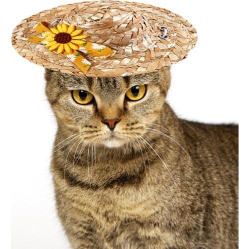 Small Daisy Straw Cat Woven Hat Sunshade Pet Hat Sombrero For Dogs Cats Beach Party Straw Costume For Cat Kitten Accessories