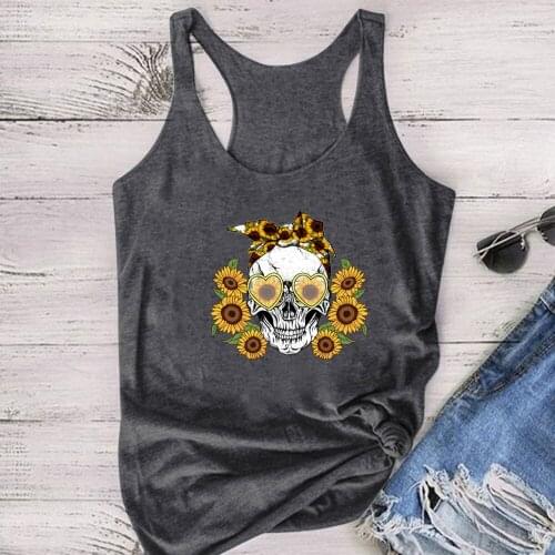 Vogue Skull Sunflowers Printed Tank Top Women Sleeveless Summer Vest Female Crew Neck Tank Tops for Girls Plus Size Ropa Mujer