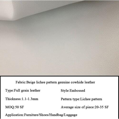 Genuine Cowhide Leather Fabric Fashion Beige Lichee Pattern Real Cow Skin Calfskin Leather Material for Furniture Shoe Handbag