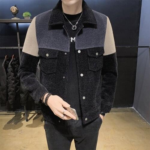 Mens woolen jacket 2021 autumn winter new mens fashion casual plush padded lapel slim color matching jacket baseball uniform