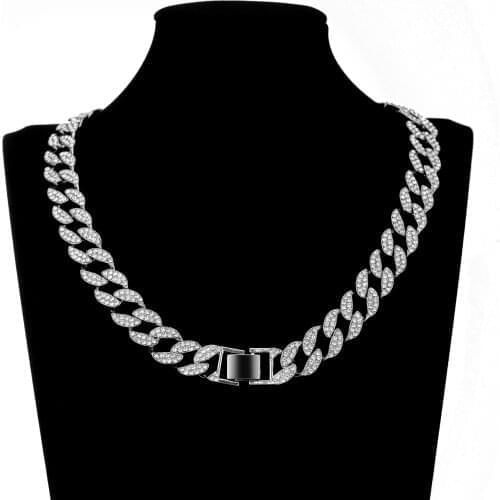 Hip Hop Iced Out Paved Rhinestones 15MM Miami Curb Cuban Chain CZ Bling Rapper Necklaces For Men Jewelry