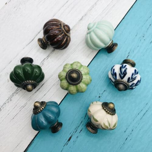 Set of 6 Antique Ceramic Pumpkin Knobs, Handles Pulls for Cabinets, Cupboard Dresser, Drawers, Kitchen Furniture or Kids Room
