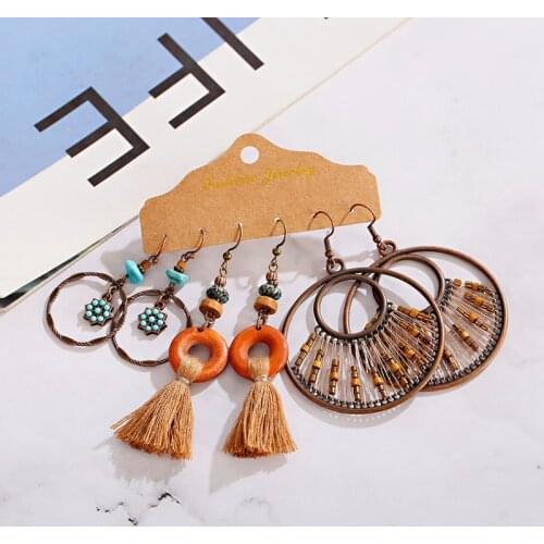 Vintage Ethnic Round Earrings Set Womens Tibetan Jewelry 2020 Bohemian Flower Shape Alloy Summer Tassel Earring Jewelry