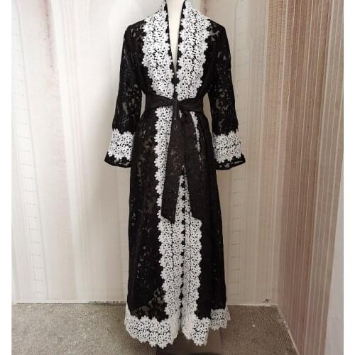 New Arrival Eid Lace Djellaba Abaya Full Length Embroidery Muslim Dress Dubai Turkey Muslim Dress Islam Abayas With Belt WY63
