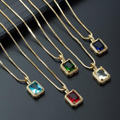 Mini Square Rhinestone HipHop Pendant Necklace Fashion Golden Ice Crystal Colorful Gemstone Cuban Necklace Direct Sales Jewlery