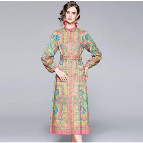 2021 Autumn winter Vintage Lantern Sleeve Print High Waist stand collar Party Maxi Dress Elegant Dresses