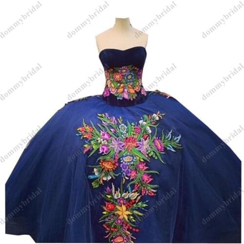 Classy Royal Blue Velvet Ball Gown Cheap Quinceanera Dresses Strapless Mexican Charro XV Flower Embroidery Graduation Prom Dress