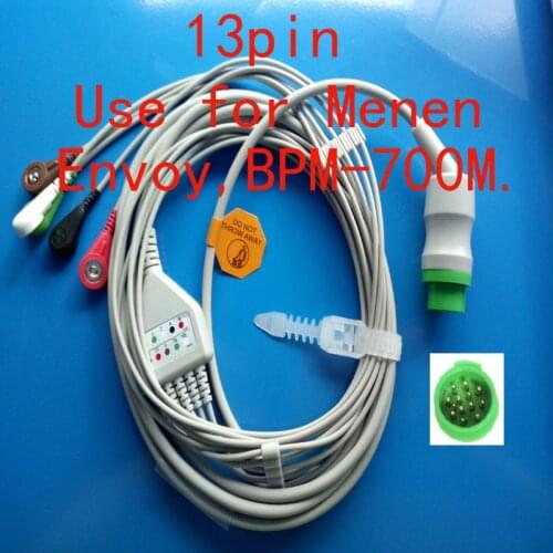 Compatible with 13pin Menen BPM-700M and Envoy ECG Machine the one-piece 5 lead cable and snap leadwir,AHA or IEC