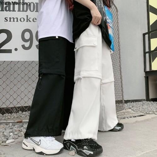 Harajuku Streetwear Korean removable Zipper Loose Hip Hop Cargo Pocket Jogger Pant Techwear Plus Size Woman Man Punk Solid Wide