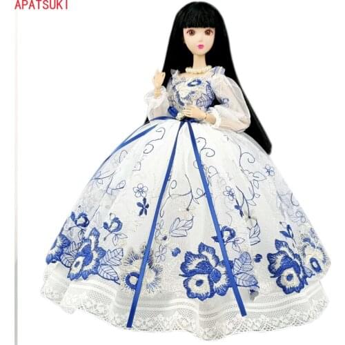 White Blue Floral Evening Dress For Barbie Doll Outfits Princess Dresses Party Gown Clothes for 1/6 BJD Dolls Accessories Toy