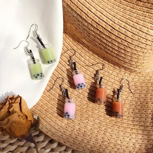 Fun Pearl Milk Tea Cup Earrings Creative Unique Resin Handmade Cups Drink Pendant Earring Trendy Girls Party Jewelry