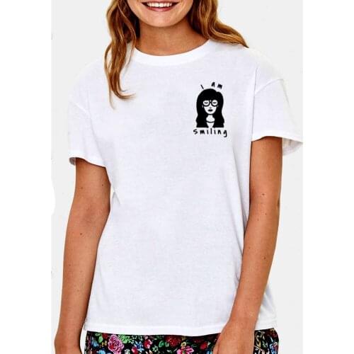 I Am Smiling Printed Tee Shirt Femme Summer Short Sleeve O-neck T Shirts for Women Cotton Loose Black White Tshirt Women